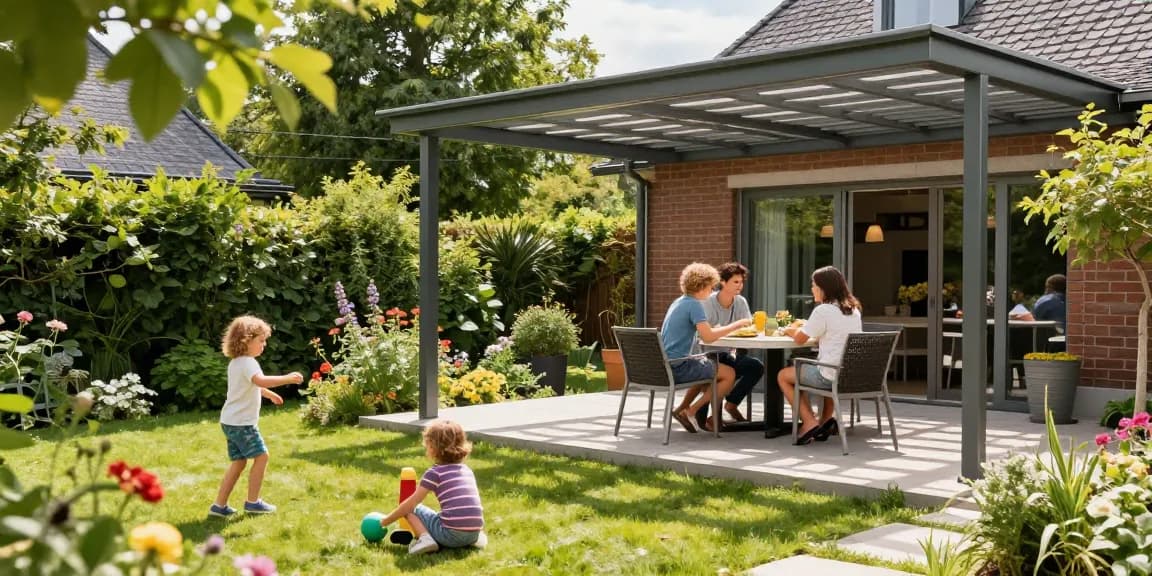 Terrassenüberdachung in modernem Garten mit glücklicher Familie und sonnigem Wetter.