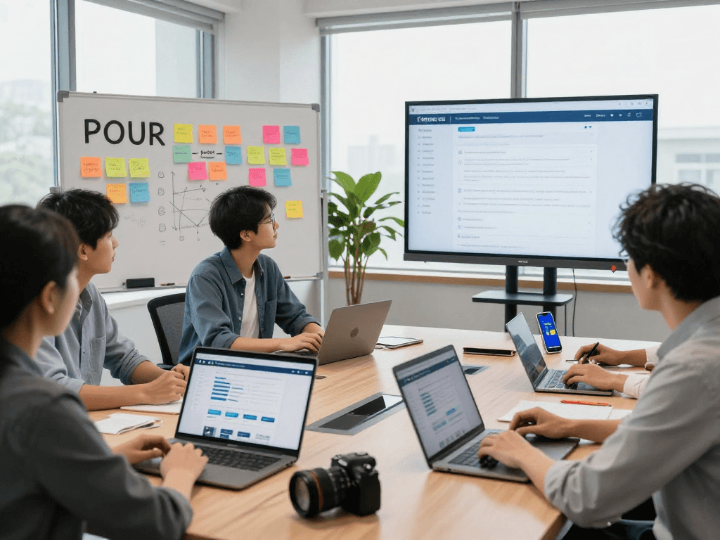 Barrierefreie und rechtssichere Webseiten Dienstleistungen - Team bespricht Strategien zur digitalen Barrierefreiheit in modernem Büro.