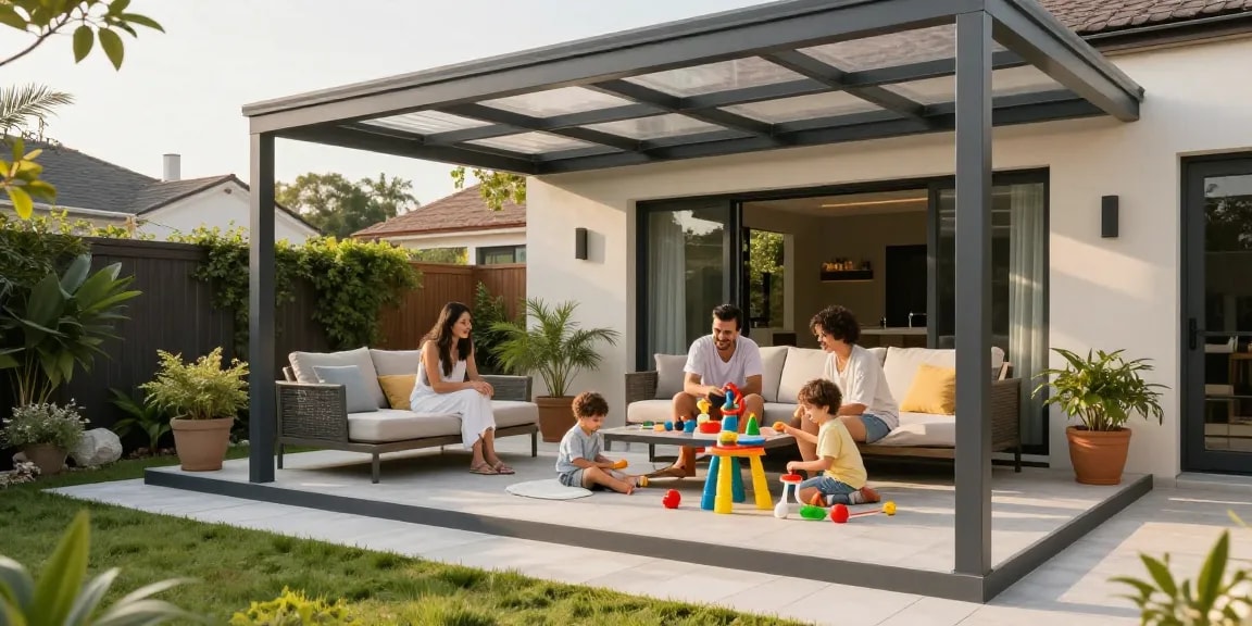 Moderne freistehende Terrassenüberdachung im Sonnenschein mit spielenden Kindern und stilvollen Möbeln.
