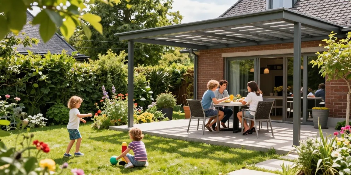 Terrassenüberdachung in modernem Garten mit glücklicher Familie und sonnigem Wetter.