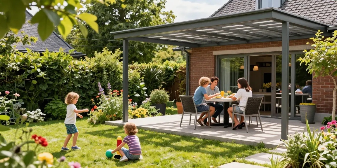 Terrassenüberdachung in modernem Garten mit glücklicher Familie und sonnigem Wetter.