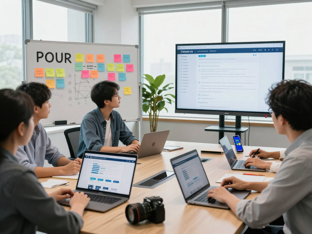 Barrierefreie und rechtssichere Webseiten Dienstleistungen - Team bespricht Strategien zur digitalen Barrierefreiheit in modernem Büro.