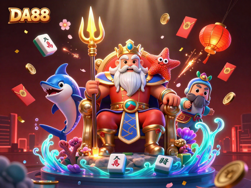 Bet big with DA88 featuring a dynamic scene of Neptune surrounded by vibrant gambling symbols.