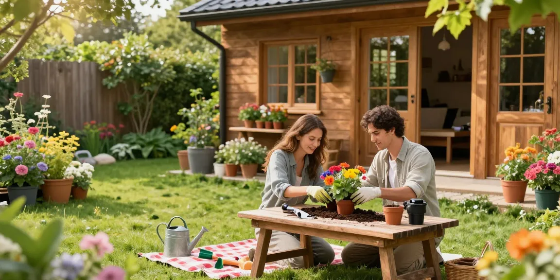 Ein modernes Gartenhaus umgeben von bunten Blumen und einem Paar beim Gärtnern, sonnige Atmosphäre.
