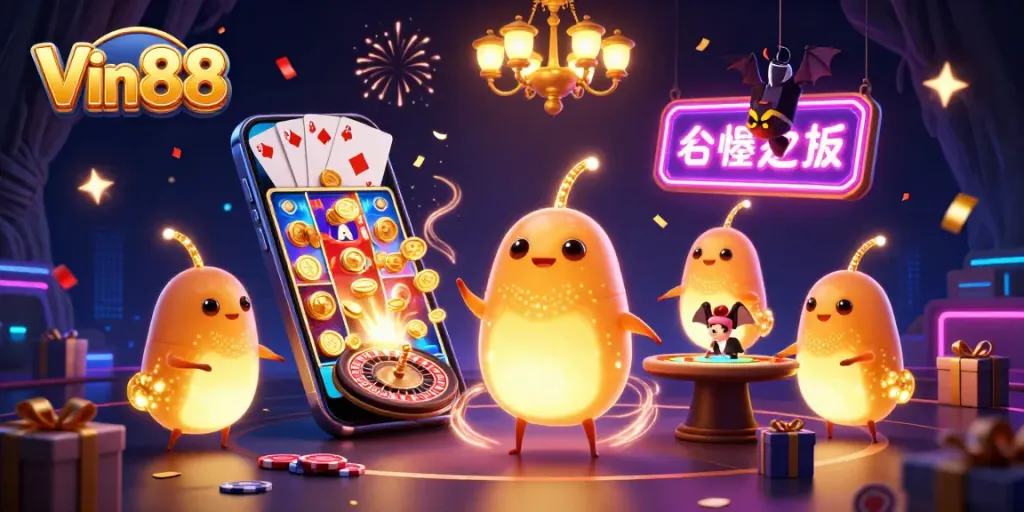 Engage with Vin88 in an animated cave casino featuring glowworms and a bat dealer