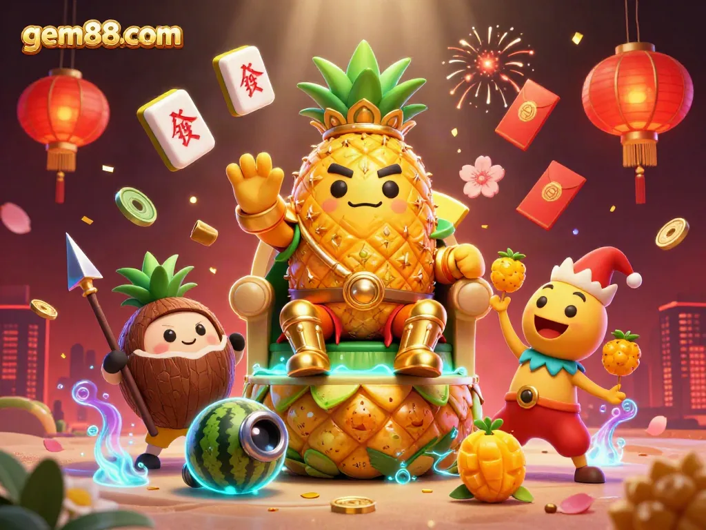 Engage with gem88com's vibrant casino world featuring a pineapple king and dynamic gaming elements.