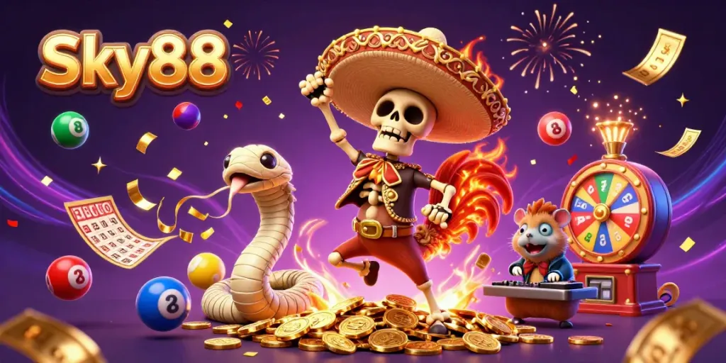 Sky88 showcases a vibrant casino scene with a dancing skeleton and colorful lottery elements.