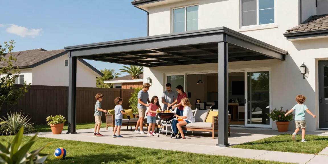 Moderne Carport im Garten mit Familie bei einem Grillfest und Kindern, gepflanzt im sonnigen Ambiente.