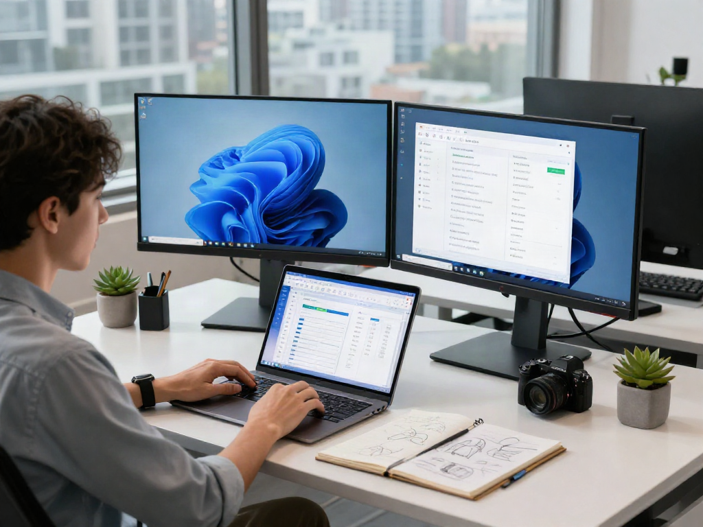 Workspace mit Windows 11 Pro auf Monitoren und produktiven Apps, professionelles Büroambiente