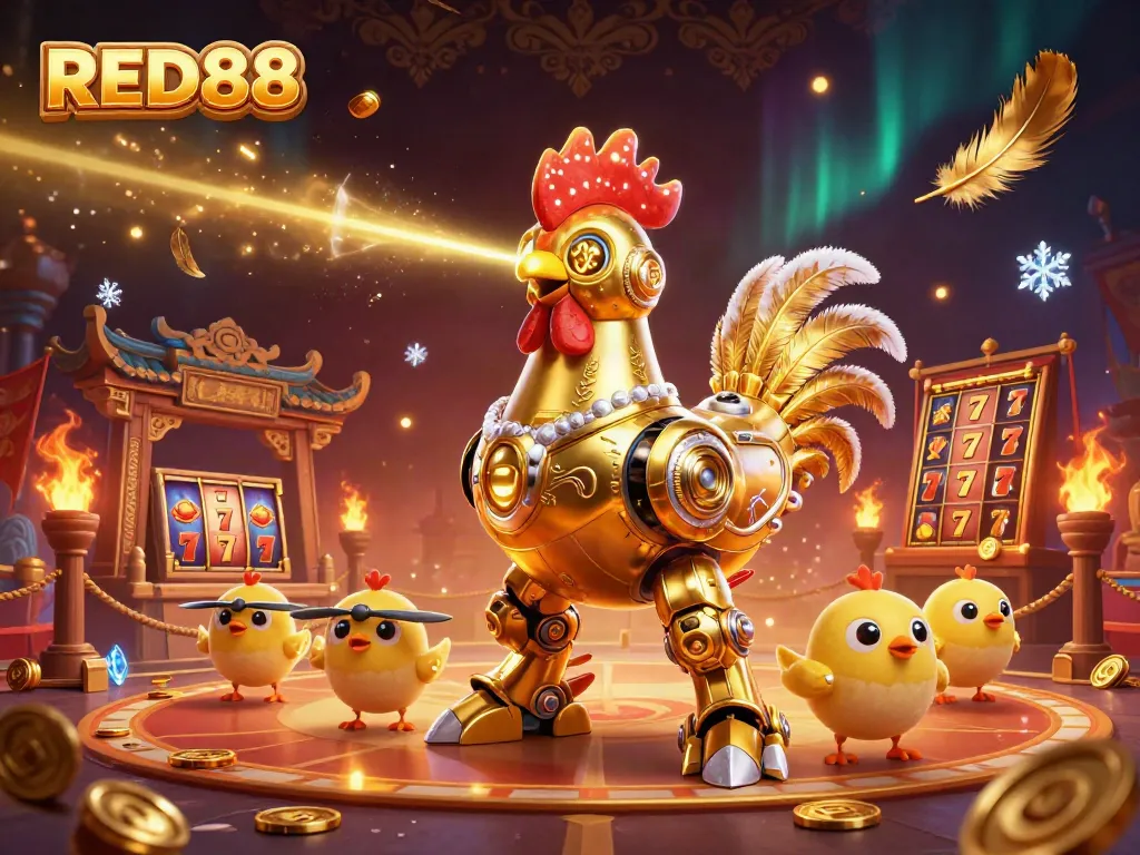 Join the thrilling world of RED88 with a dynamic illustration of a golden rooster robot and baby chick drones amidst a casino backdrop.