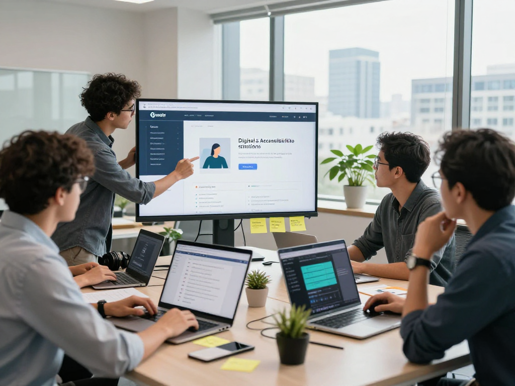 Barrierefreie und rechtssichere Webseiten Dienstleistung in a modern office with a team focused on digital accessibility.