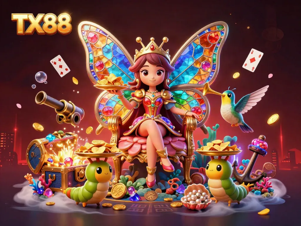 Engage in thrilling gameplay at TX88 with vibrant casino elements featuring a butterfly queen and treasures.