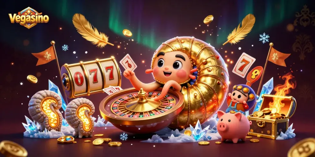 Engage with the thrill of gambling at vegasino, featuring a vibrant 3D casino illustration.