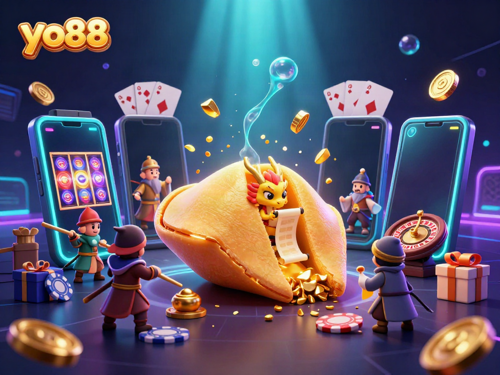 Spin and win at yo88 with engaging slot games surrounded by a golden fortune cookie and mystical characters.