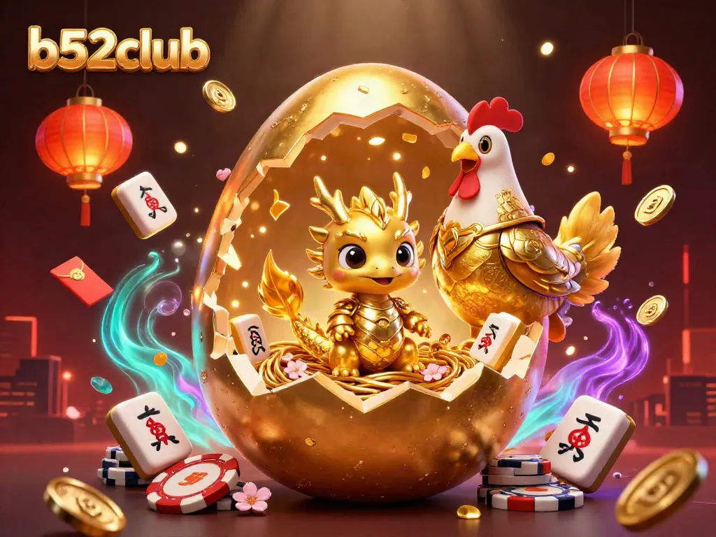Engage in thrilling bets at b52club with a golden dragon and poker chips illustration.
