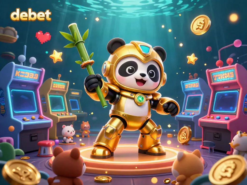 Experience exciting casino action with debet in a vibrant, interactive 3D gaming arena featuring a golden panda robot.