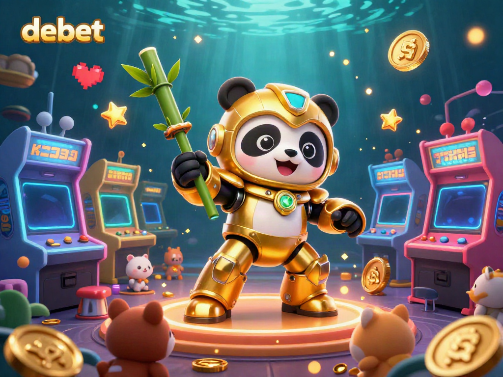 Experience exciting casino action with debet in a vibrant, interactive 3D gaming arena featuring a golden panda robot.