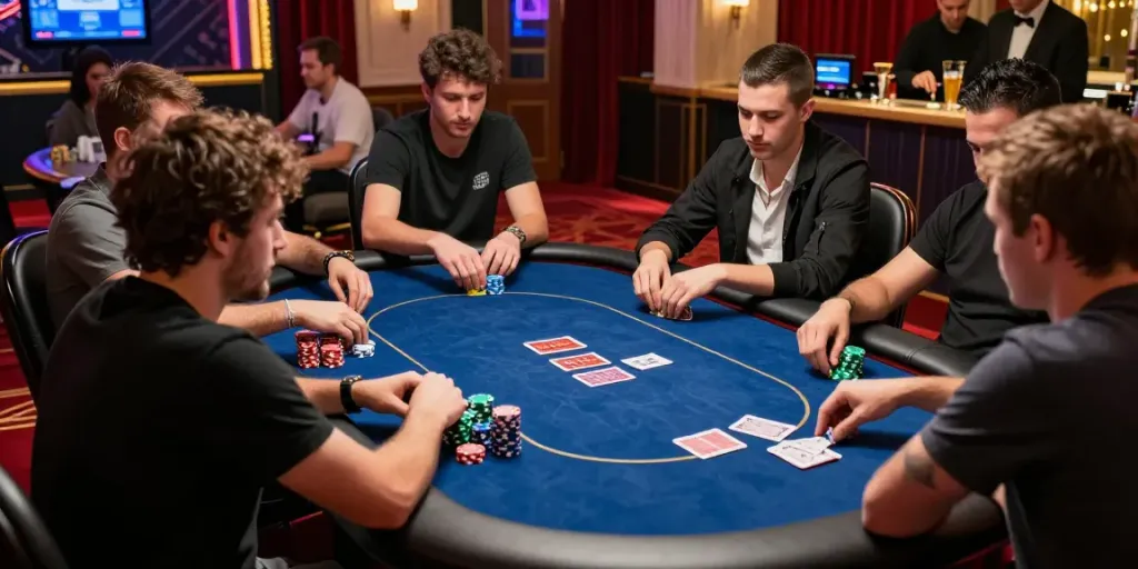 Nbet nhà cái vibrant casino scene with players engaged in poker.