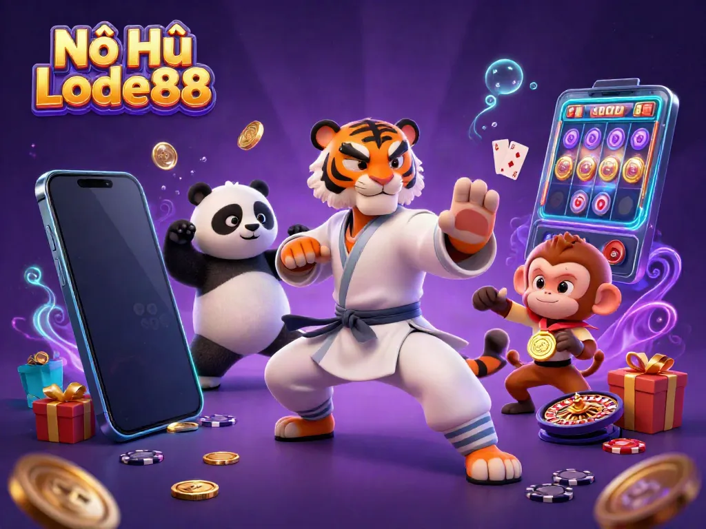 Nổ Hũ Lode88 showcases vibrant characters around a colorful slot game scene, celebrating jackpots.