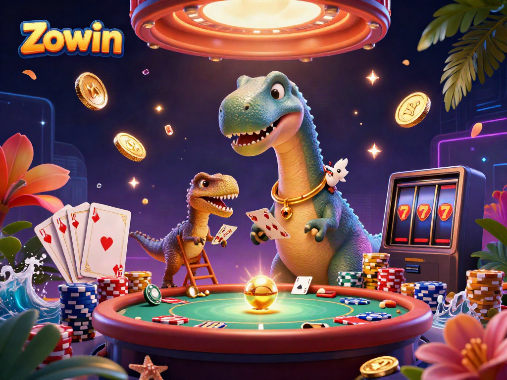 Zowin captures thrilling gaming moments with dinosaurs and vibrant casino elements.