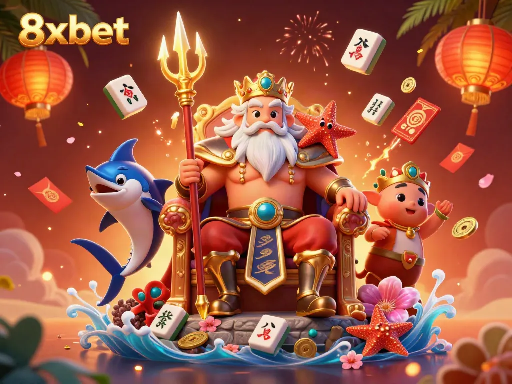 Discover the excitement of 8xbet through an enchanting casino-themed scene filled with vibrant characters, gaming elements, and celebratory decorations.