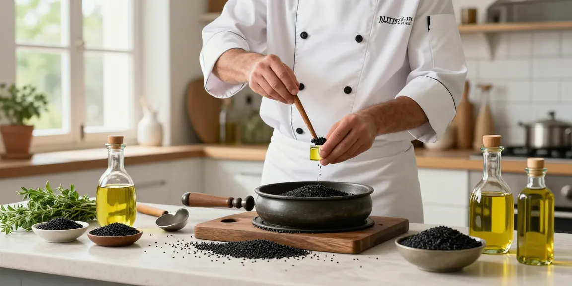 Schwarzkümmelöl Herstellung bei Naturzade mit frischen Zutaten und handwerklichen Werkzeugen.