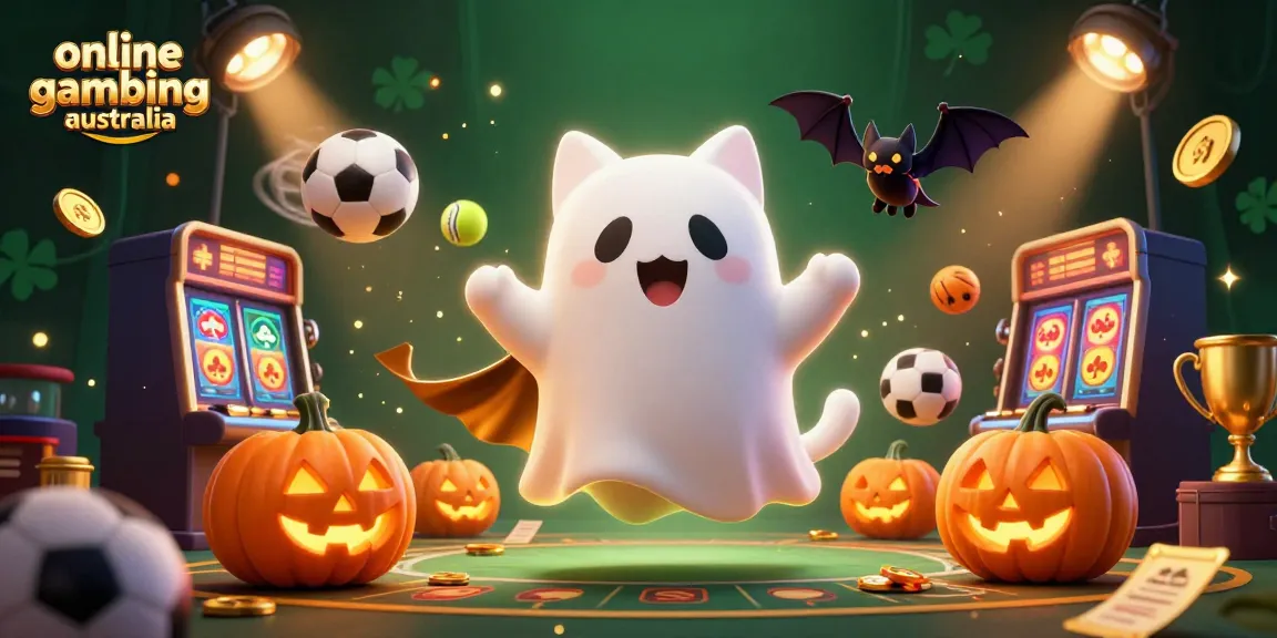 Engage with online gambling Australia, featuring a ghost cat and vampire bat in a spirited casino scene.