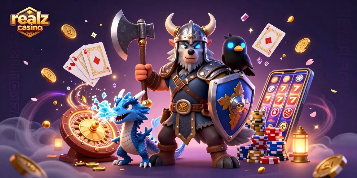 Experience thrilling wins at realz casino with a powerful Viking warrior and dragon in an action-packed 3D scene.