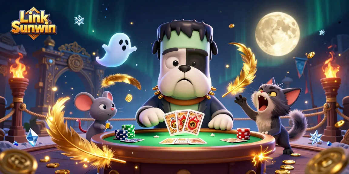 Win big with Link Sunwin as a Frankenstein bulldog deals cards at a spooky online casino!