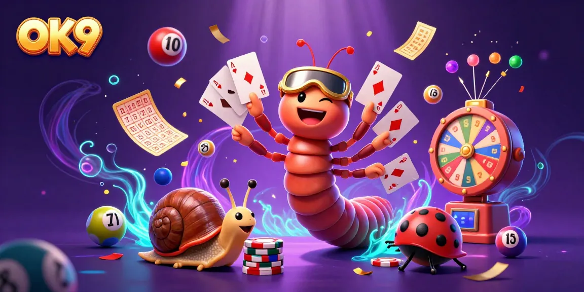 Experience the excitement of OK9 with a whimsical casino scene featuring animated characters and dynamic game elements.
